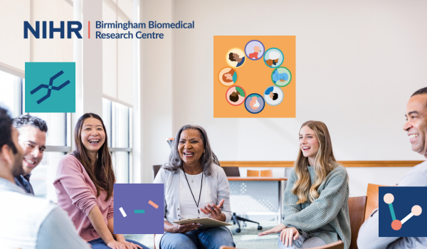 A group of people of different ages, ethnicities, and genders smiling at the camera. Birmingham BRC logo and diagram with colourful roundels each containing a person of different age, ethnicity and gender.