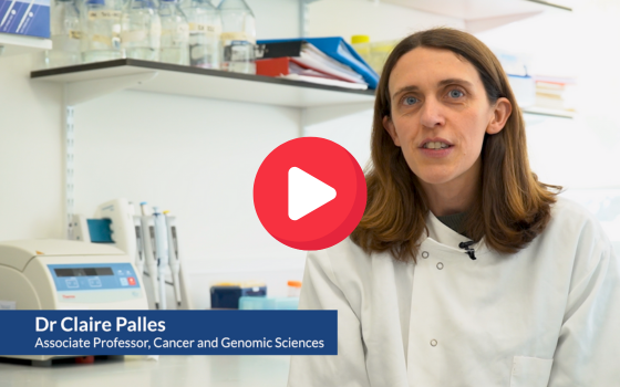 Still image from trailer video with Dr Claire Palles, Associate Professor of Cancer and Genomic Sciences, introducing her online talk