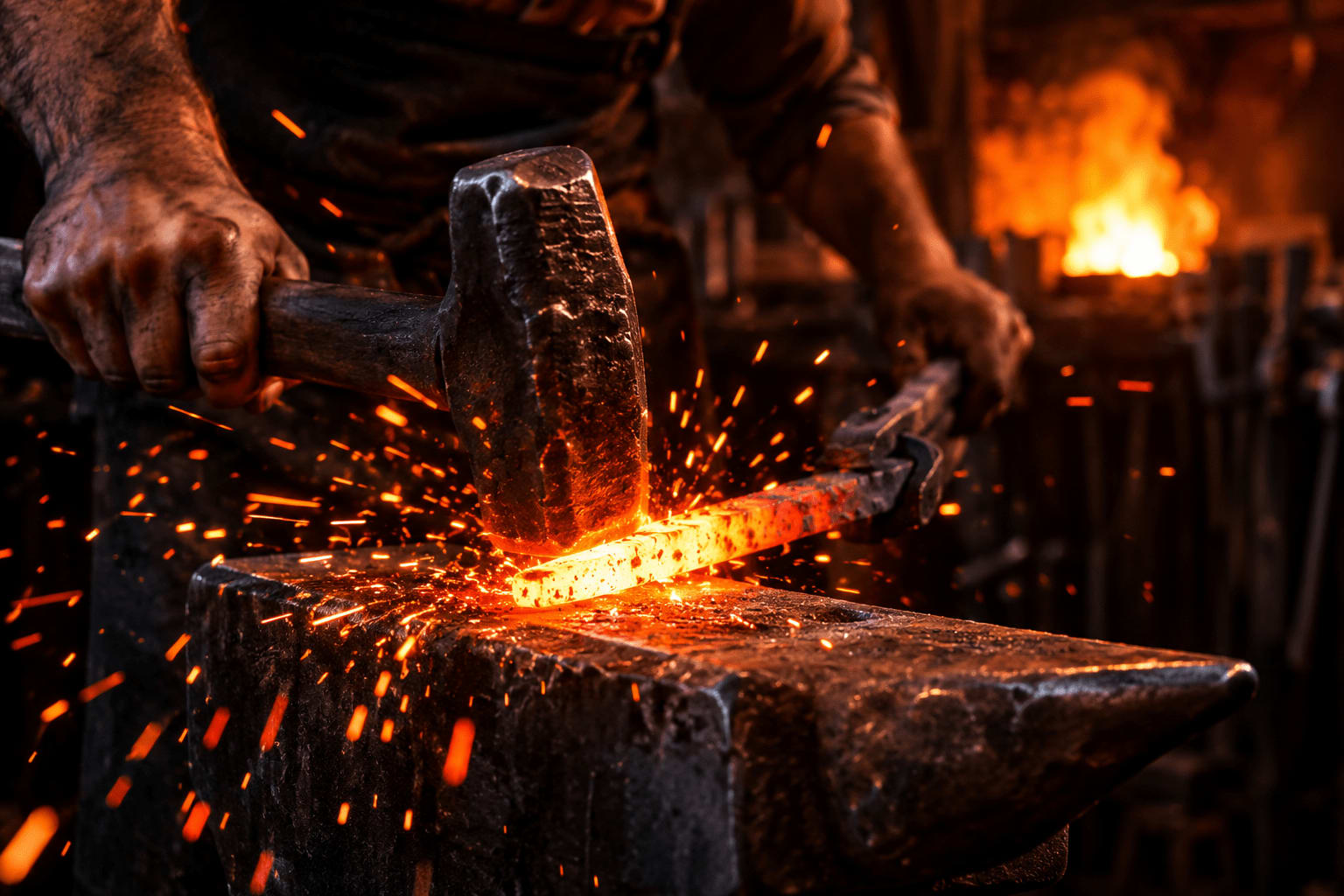 Forge en activité, étincelles sur l'enclume