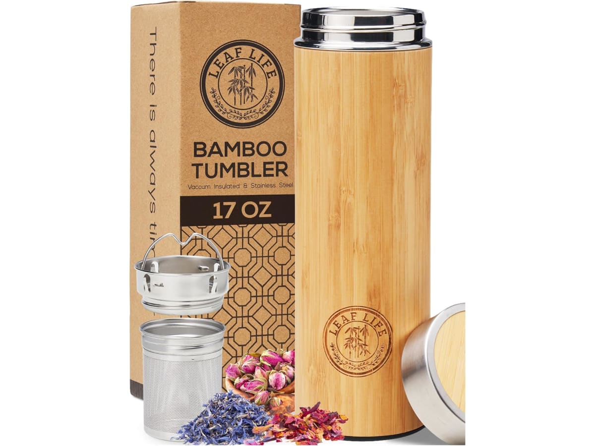 LeafLife bamboo tea tumbler with stainless infuser and strainer