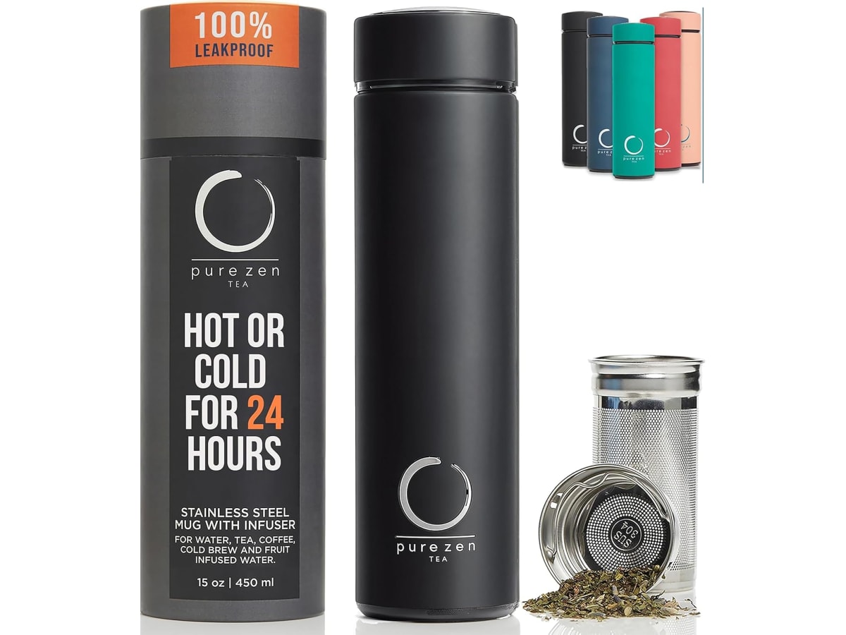 Pure Zen insulated tea infuser bottle with long stainless infuser