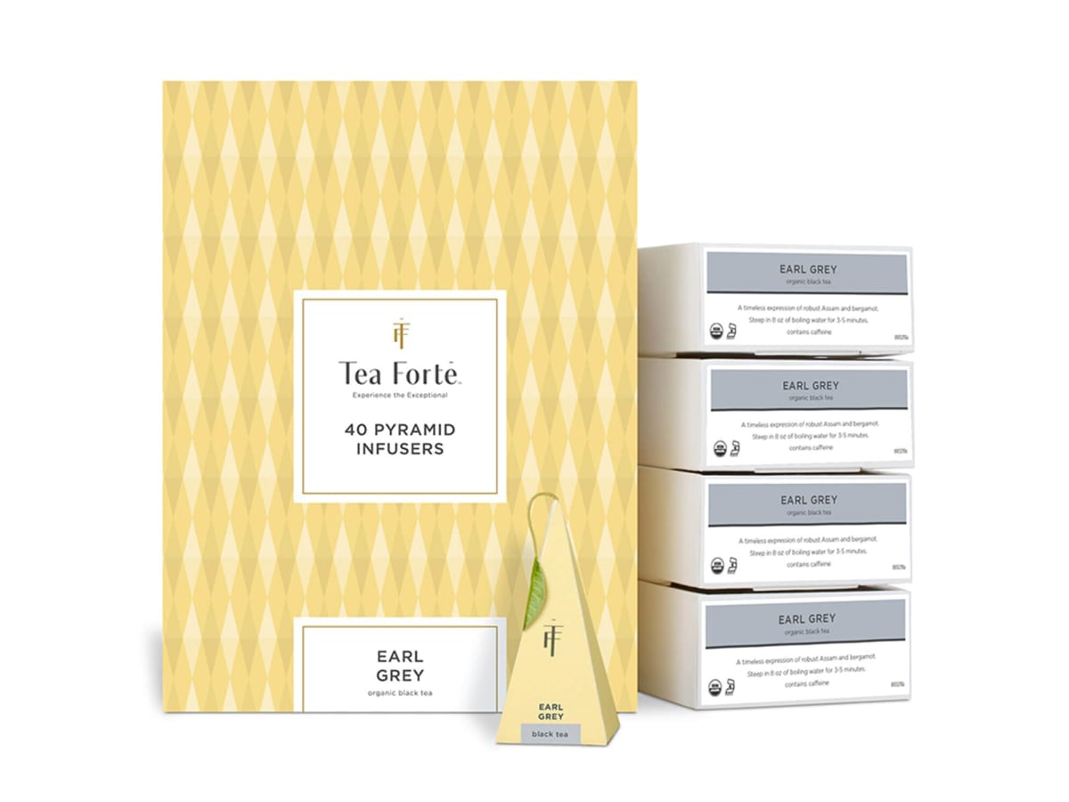 Tea Forte Earl Grey event box with 40 individually wrapped pyramid infusers