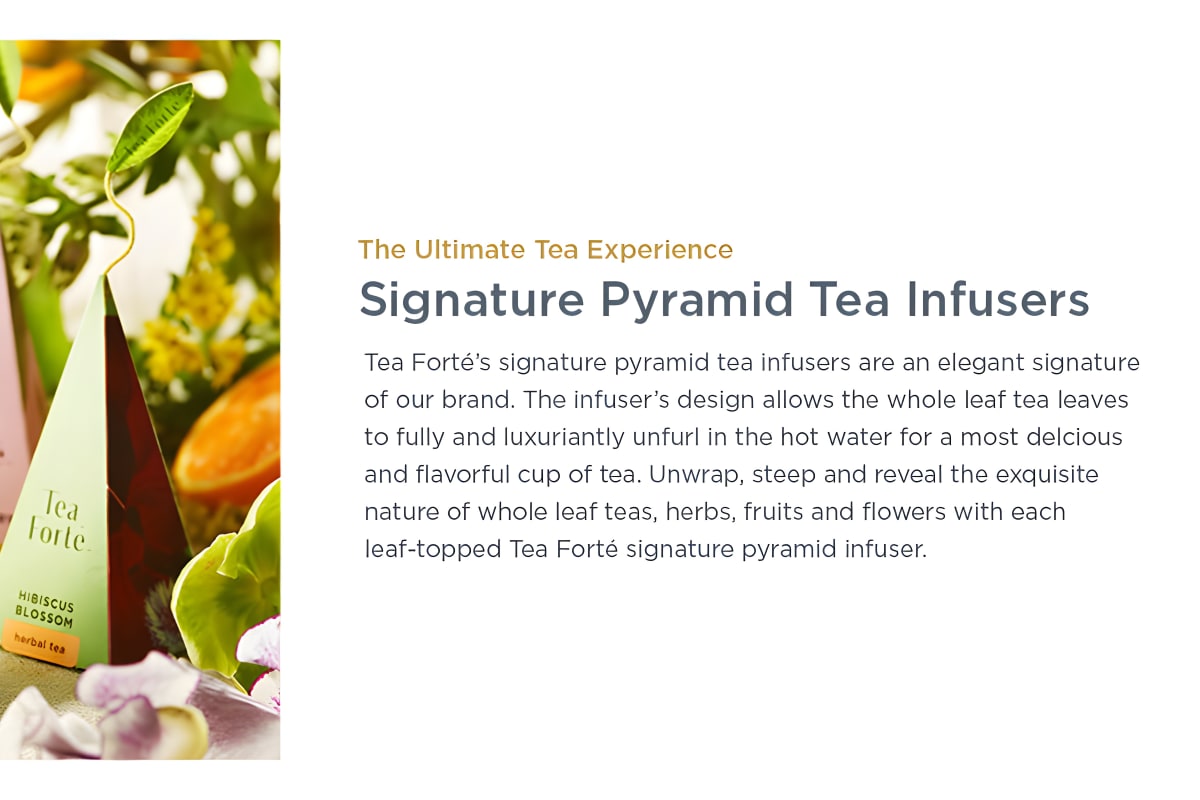 Tea Forte pyramid infusers surrounded by the fruit and flowers in their blends
