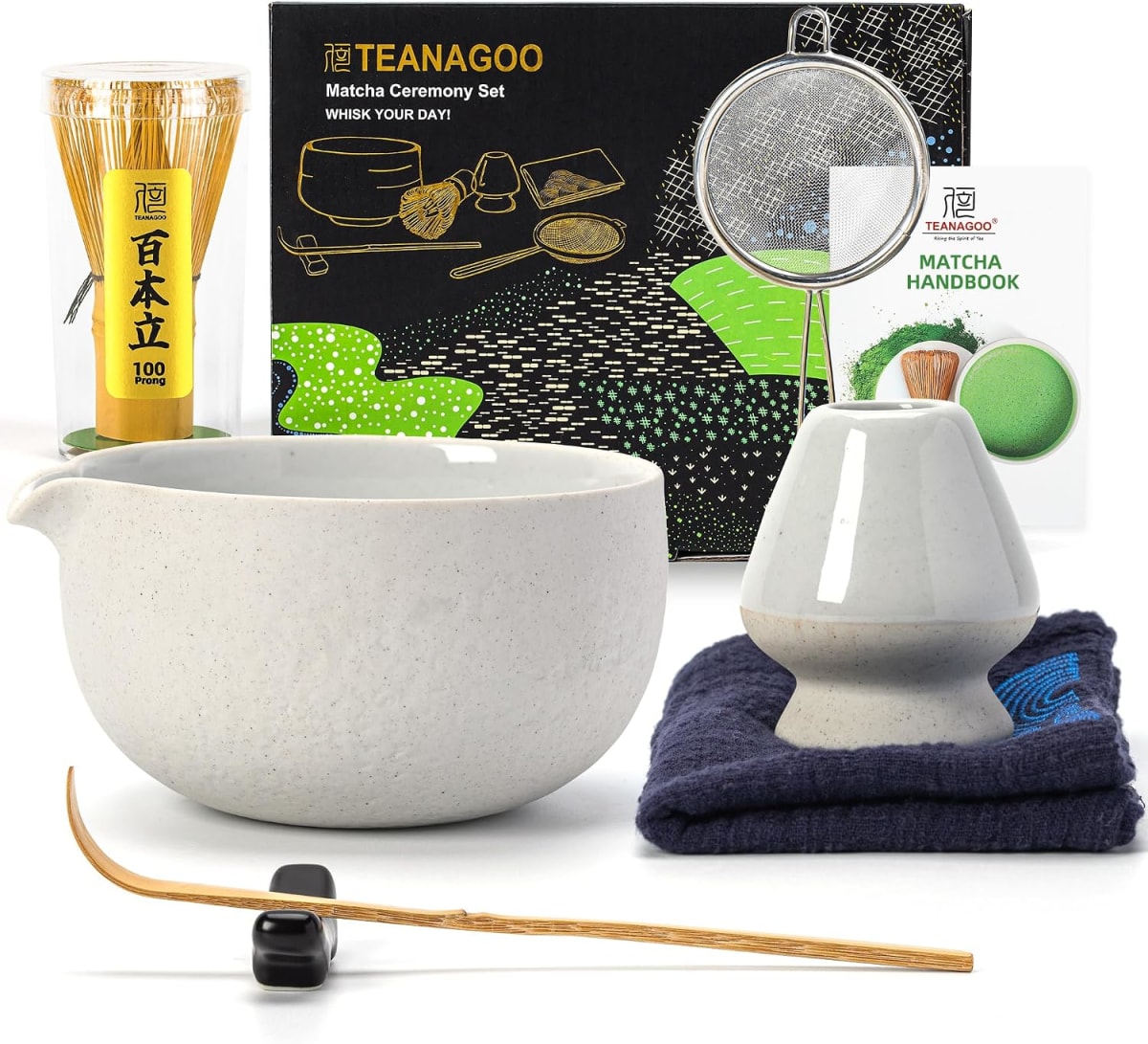 TEANAGOO 7 piece matcha starter kit with bowl, whisk, scoop and sifter
