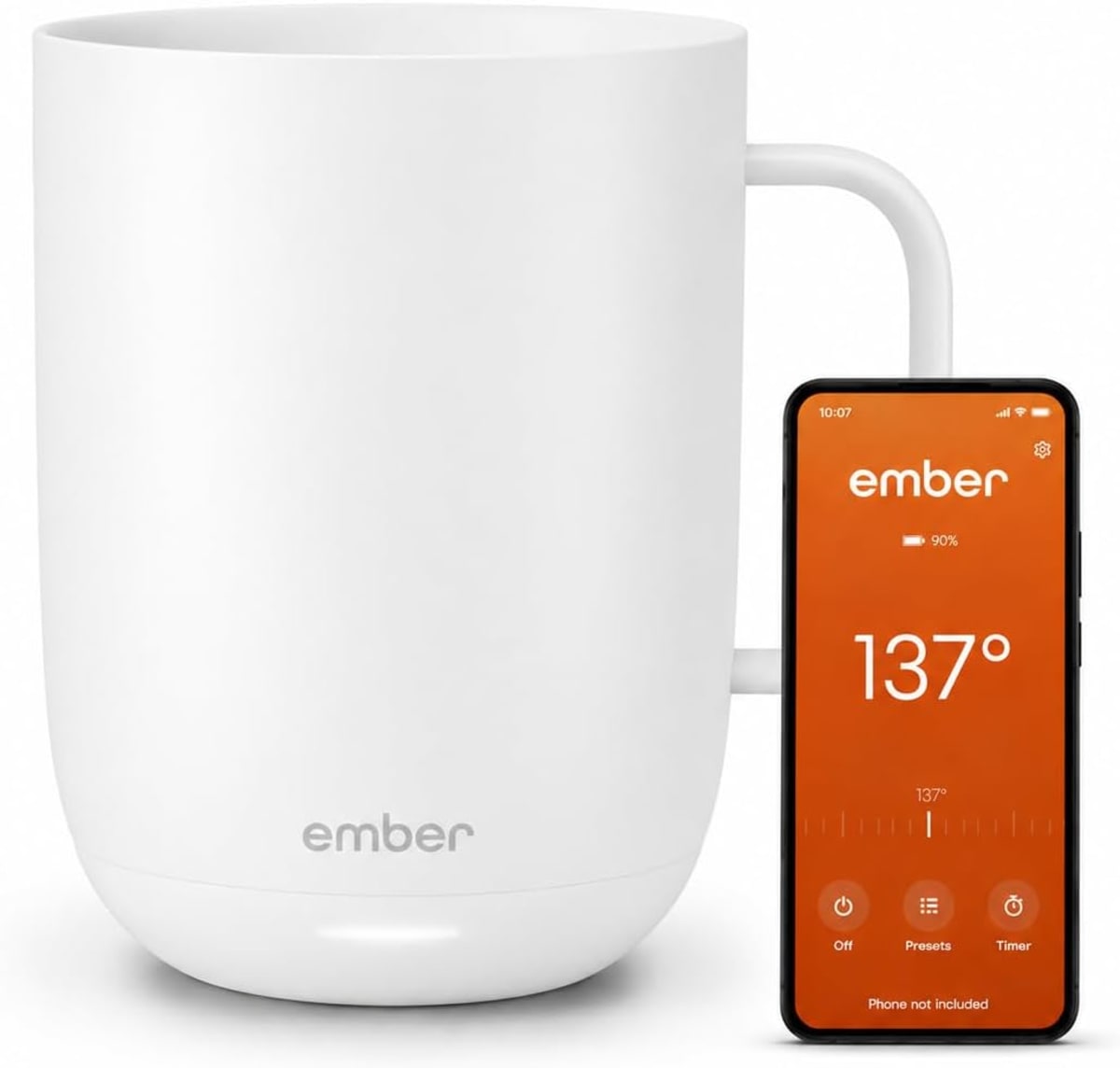 Ember Mug 2 heated smart mug on its charging coaster
