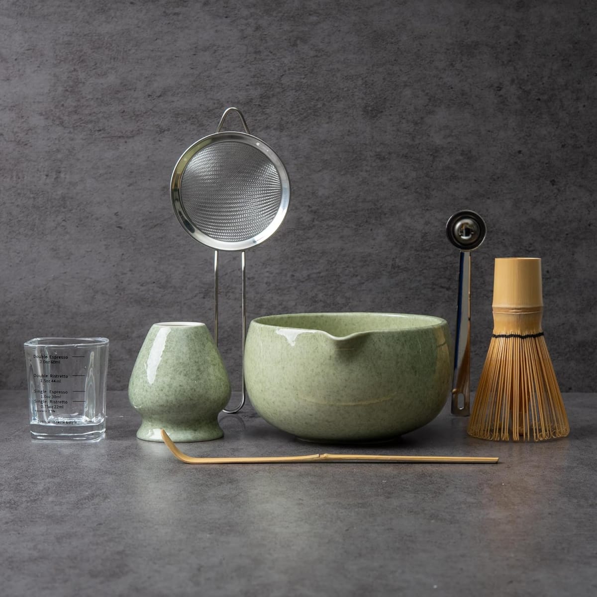 Matcha whisk set with bamboo chasen, bowl, sifter, and holder as a gift
