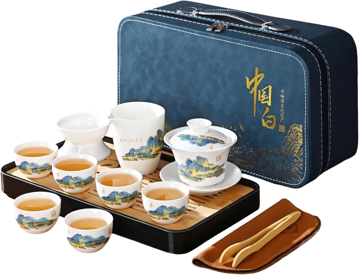 Portable gong fu tea set with gaiwan, six cups, and travel case, a Christmas gift for tea lovers