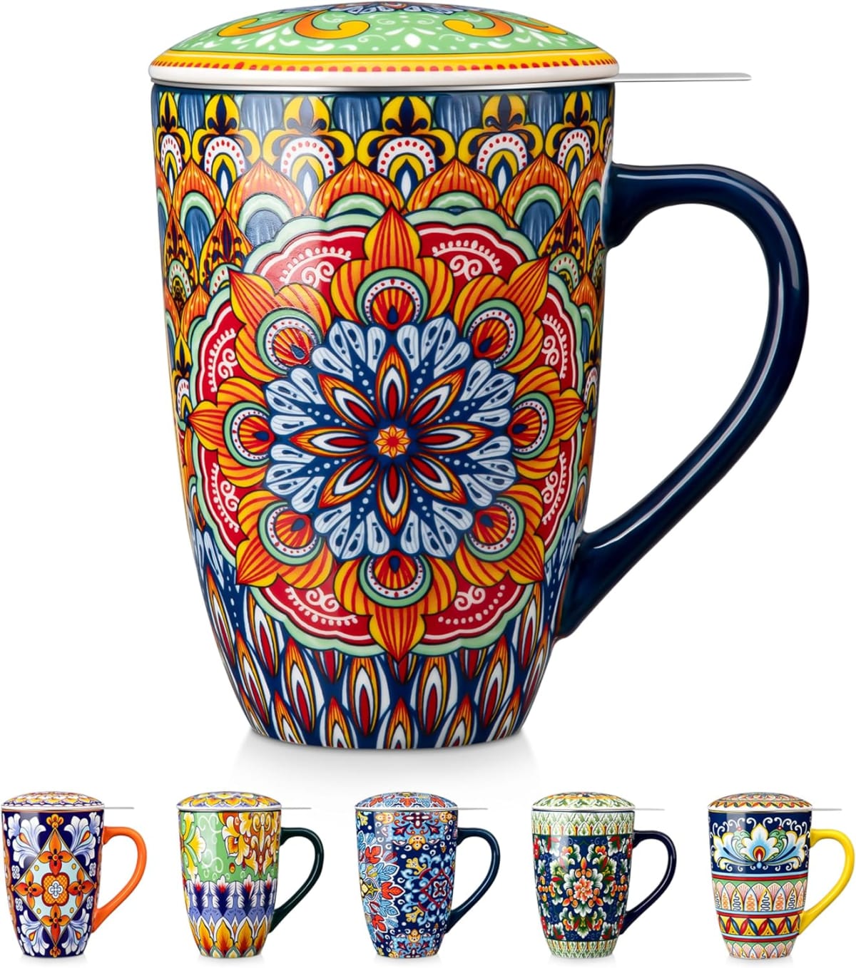 Patterned ceramic tea mug with infuser and lid