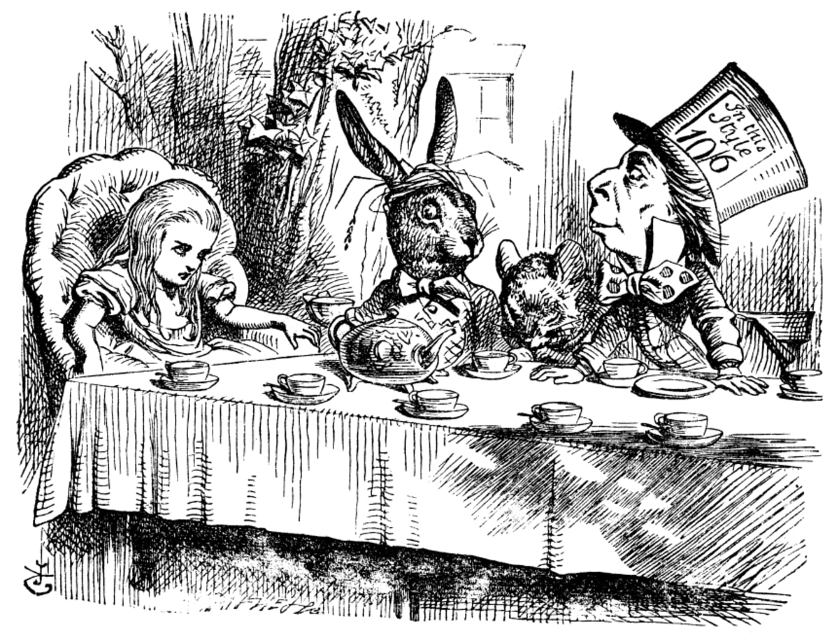 John Tenniel's 1865 illustration of the Mad Tea Party from Alice's Adventures in Wonderland