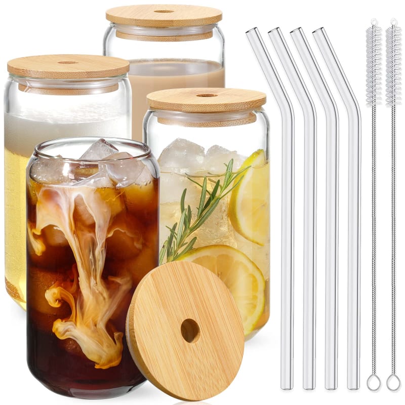 Glass cups with bamboo lids and glass straws for iced lattes
