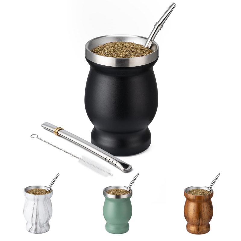 Stainless steel double-wall yerba mate cup with two bombillas