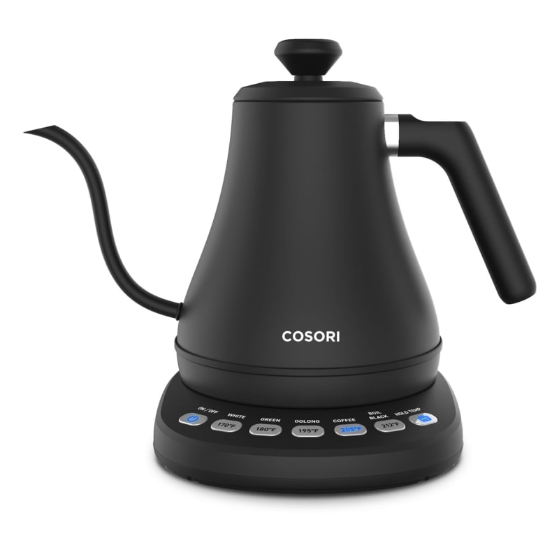 Cosori gooseneck electric kettle with temperature presets, a budget alternative to a Smeg kettle