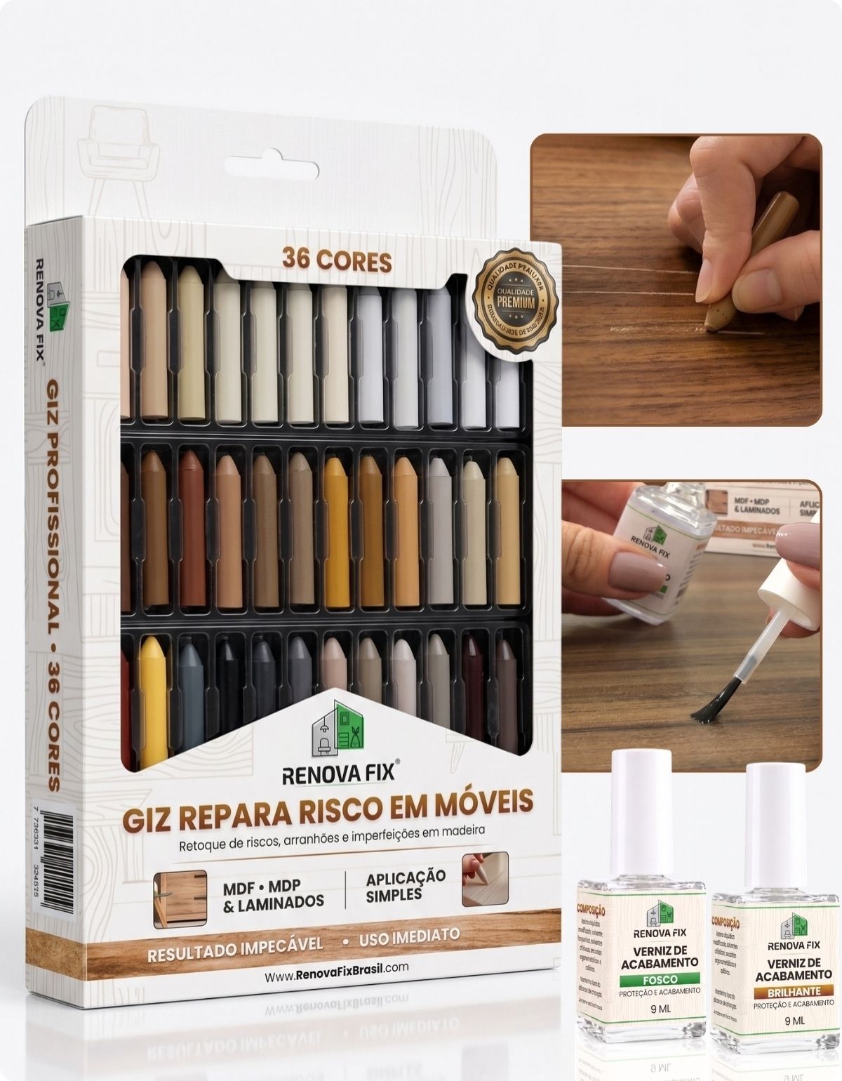 Embalagem do kit Renova Fix com 36 cores