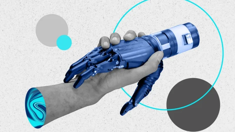 Um aperto de mão, sendo uma mão humana e outra de IA