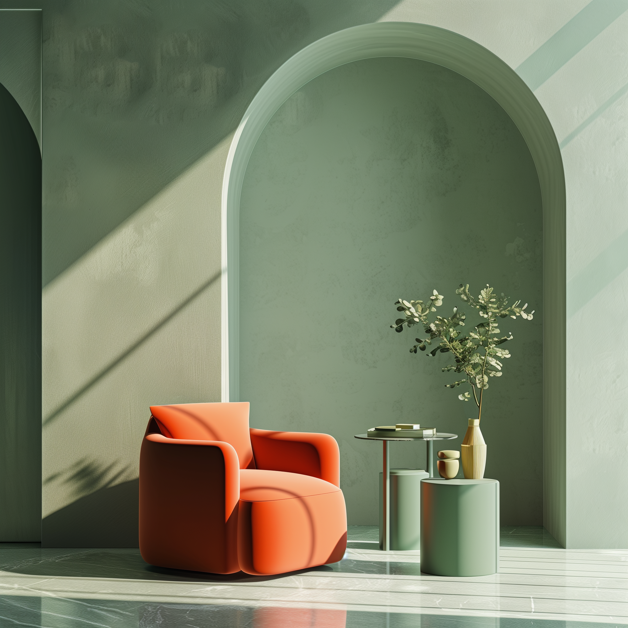 Diseño de interiores en color verde con sofá naranja