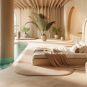 Cama de matrimonio colores crudos con piscina