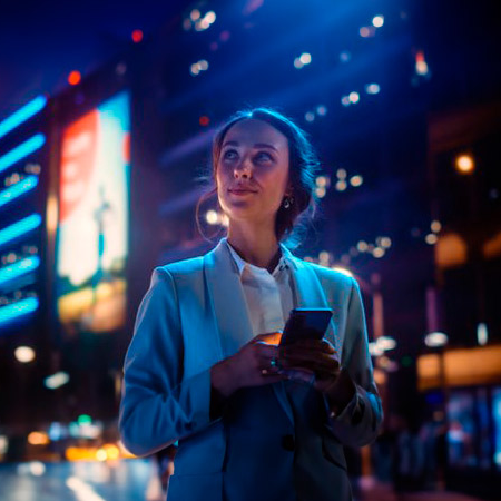 Chica de negocios en la calle con móvil en la mano