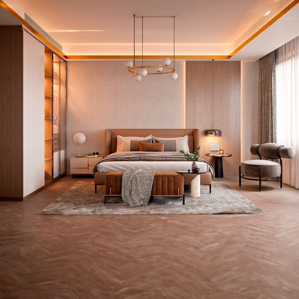 Interior de habitación de matrimonio elegante con muebles modernos