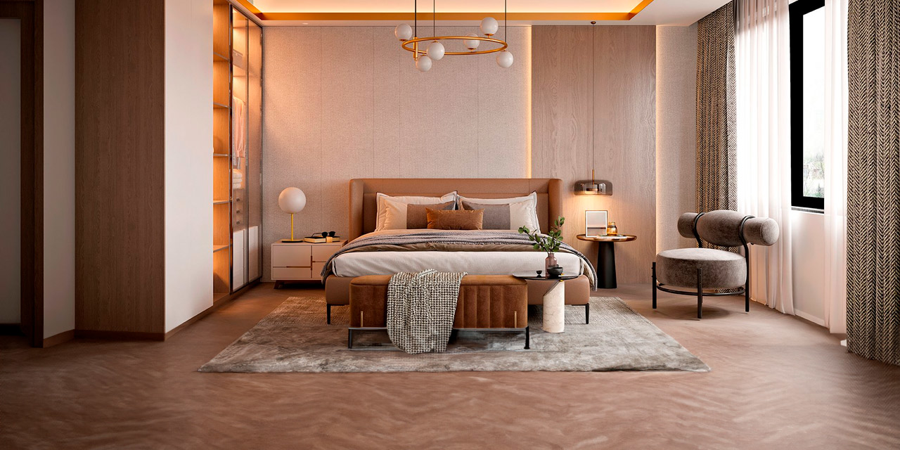 Interior de habitación de matrimonio elegante con muebles modernos