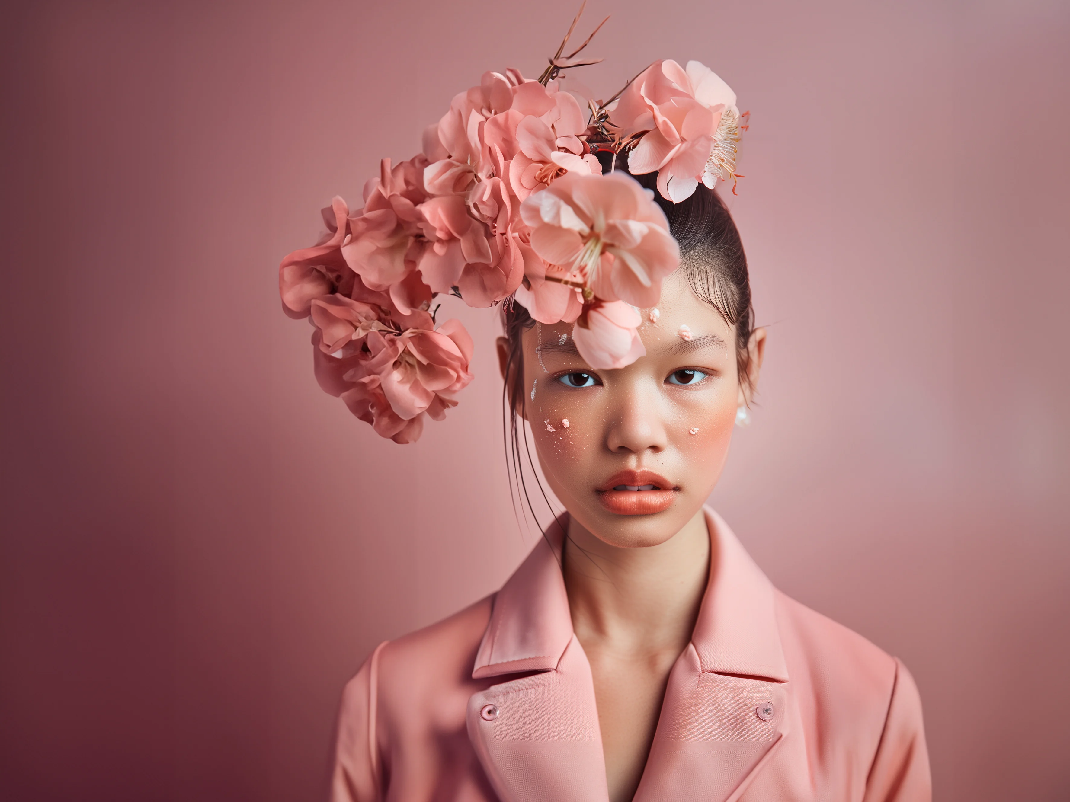 Modelo asiática con flores en la cabeza en tonos rosas