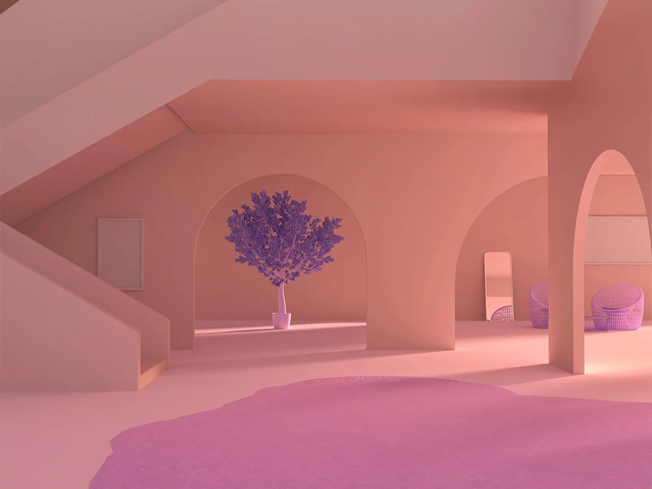 Interior de una casa en colores rosas y lilas
