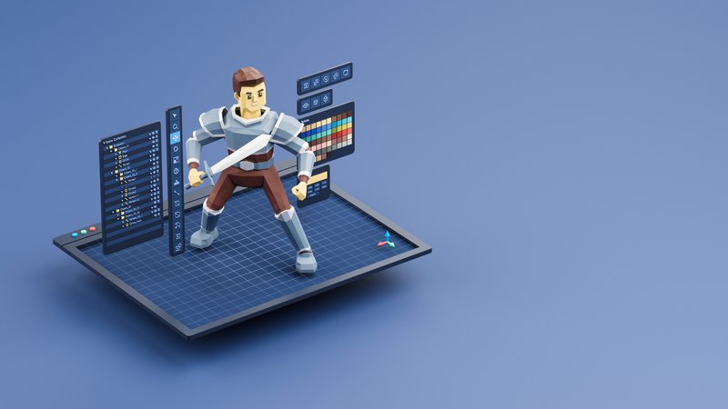 Rapaz de videojogo a segurar uma espada