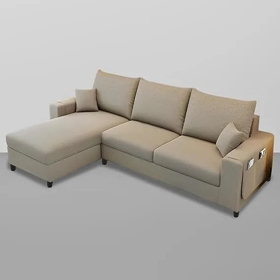 4 Seater L Shape Sofa Set for Living Room (Cream Fabric) Premium Velvet Fabric (Teak Wood ), view 3