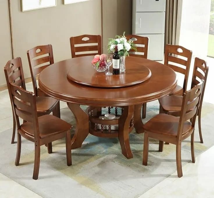 8 Seat Rotating Round Top Dining Table And Chairs Walnut Finish