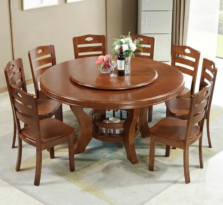 8 Seat Rotating Round Top Dining Table And Chairs Walnut Finish, view 6