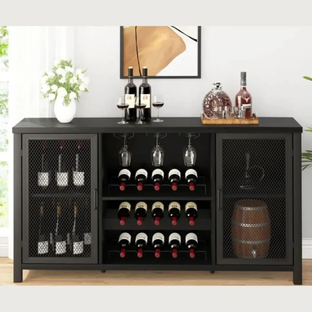 Adelyn Handmade Teak Wood Bar Cabinet Stylish Liquor and Wine Storage Cabinet for Glasses and Bottles Modern (Black)