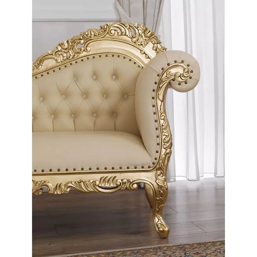 Alejandra Hand Carved Teak Wood Leatherette 3-Seater Chaise Longue Sofa ( Golden & Beige ), view 3