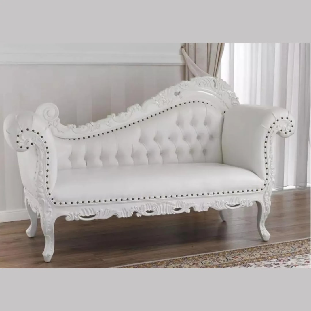 Alejandra Hand Carved Teak Wood Leatherette 3-Seater Chaise Longue Sofa In White Finish ( White )