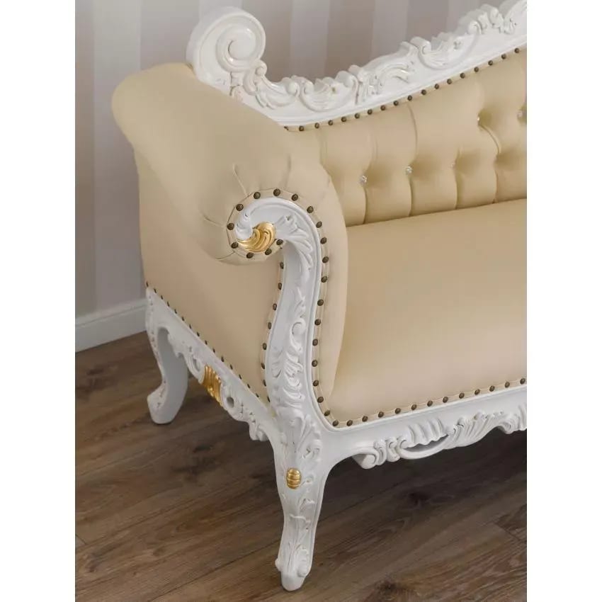 Alejandra Hand Carved Teak Wood Leatherette 3-Seater Chaise Longue Sofa Ivory and Gold Finish, view 2