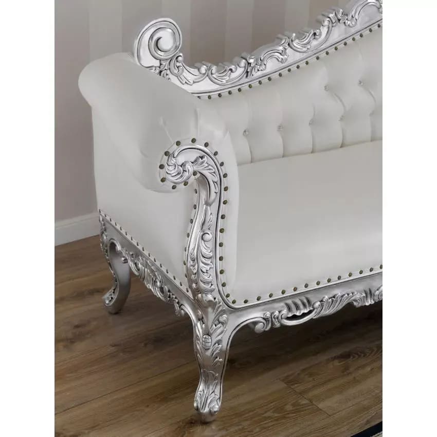 Alejandra Hand Carved Teak Wood Leatherette 3-Seater Chaise Longue Sofa Silver Leaf ( White ), view 2