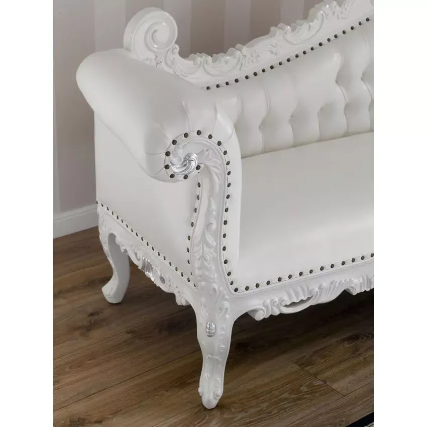 Alejandra Hand Carved Teak Wood Leatherette 3-Seater Chaise Longue Sofa White and Silver Leaf, view 2