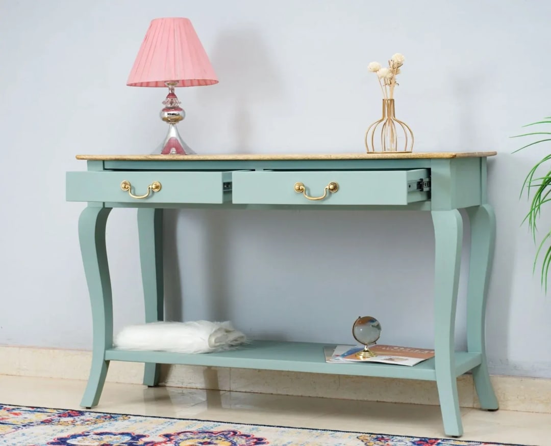 Alexandria Teak Wood Console Table with 2 Drawer Storage Rack for Living Room (Silt Green), view 2