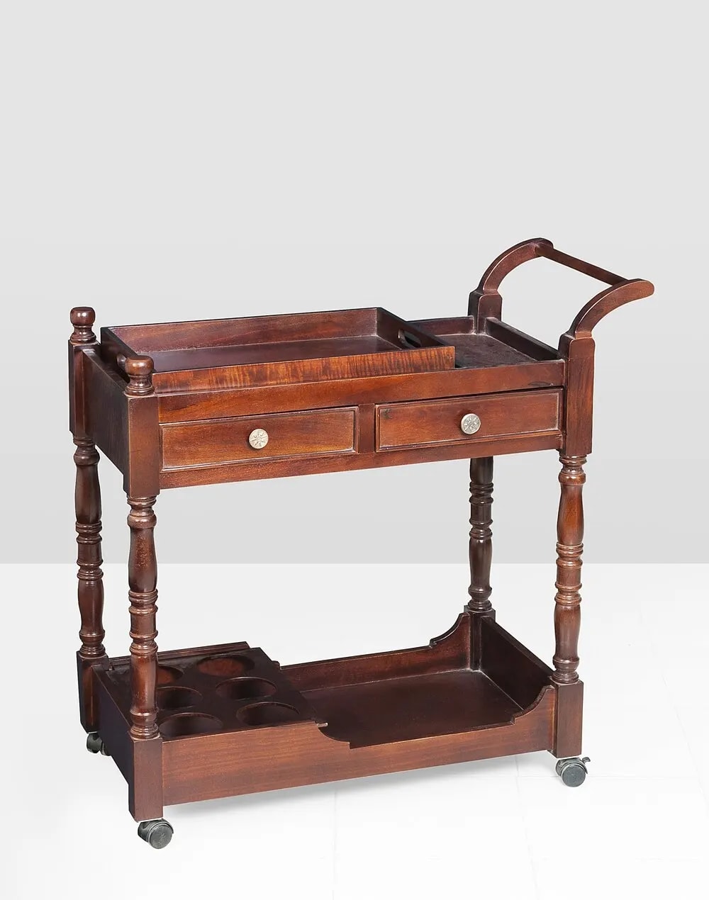 Alivio Handmade Teak Wood Bar Serving Trolley with Wheels Two Drawers 2 Tier ( Brown ), view 5