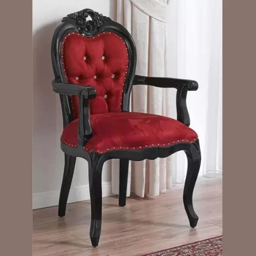 Amalia Hand Carved Baroque Glossy and Black Leaf Velvet Fabric Crystal Sw Buttons Teak Wood Armchair