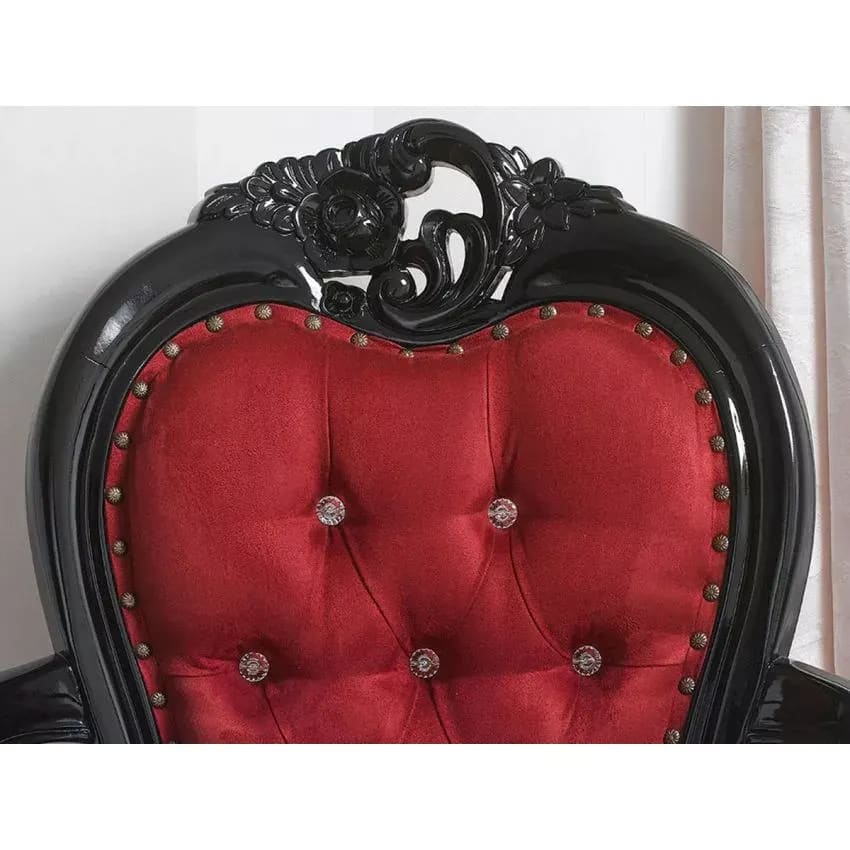 Amalia Hand Carved Baroque Glossy and Black Leaf Velvet Fabric Crystal Sw Buttons Teak Wood Armchair, view 4