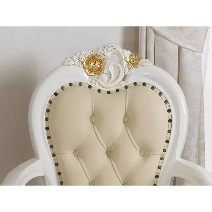 Amalia Hand Carved Baroque Ivory and Gold Leaf Champagne Faux Leather Crystal Sw Buttons Teak Wood Armchair, view 4