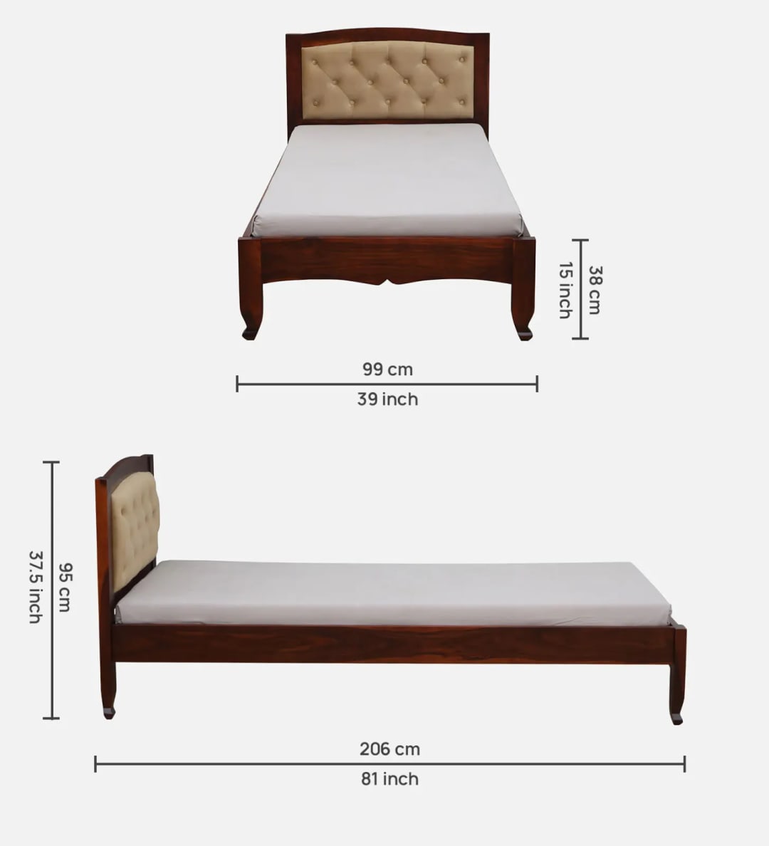 Amiens Handmade Teak Wood Button Tufted Single Bed with Premium Upholstery Luxurious & Durable Wooden Bed for Bedroom, view 4