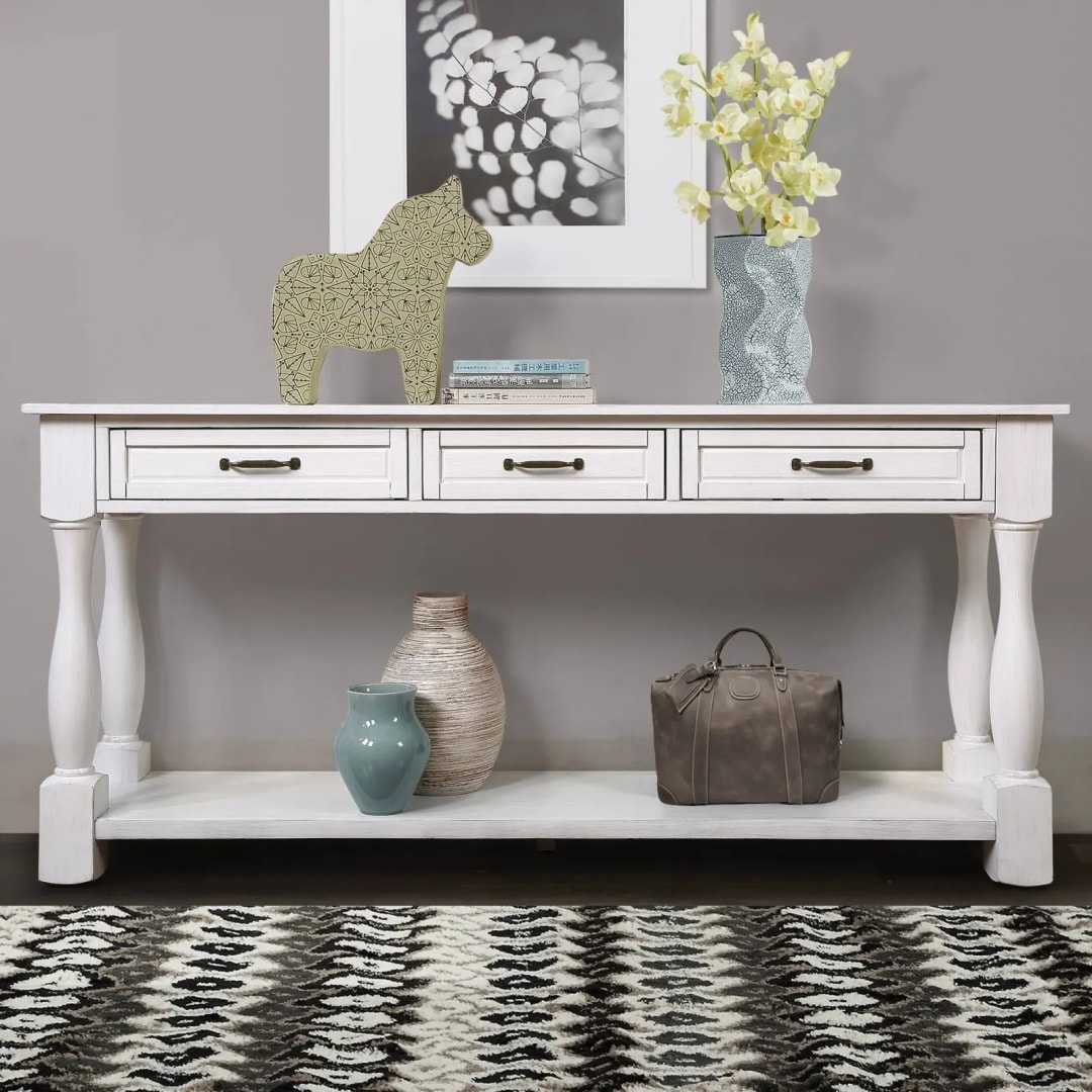 Antique Handmade Teak Wood Console Table Rack with 3 Drawers and 1 Bottom Shelf (Antique White)