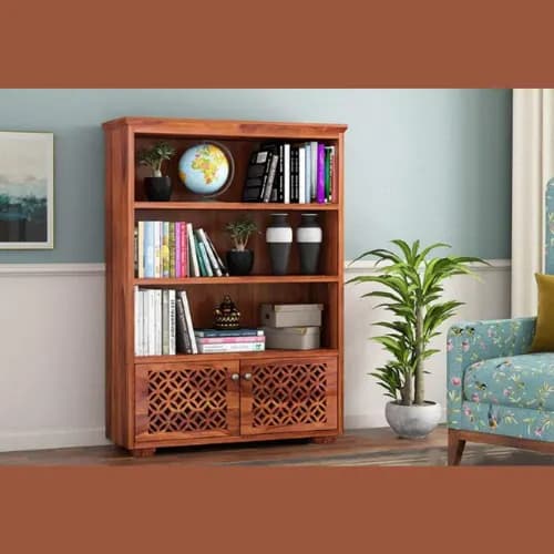 Attractive Handmade Teak Wood Bookshelf Rack for Library Home or Office ( Honey Finish )