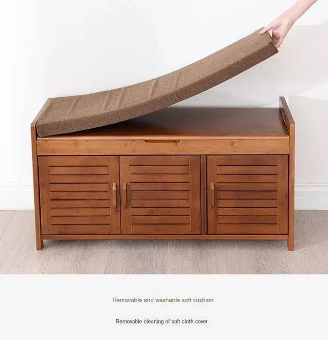 Bamboo Wood 3 Door Shoe Rack Cabinet with Seat, view 3