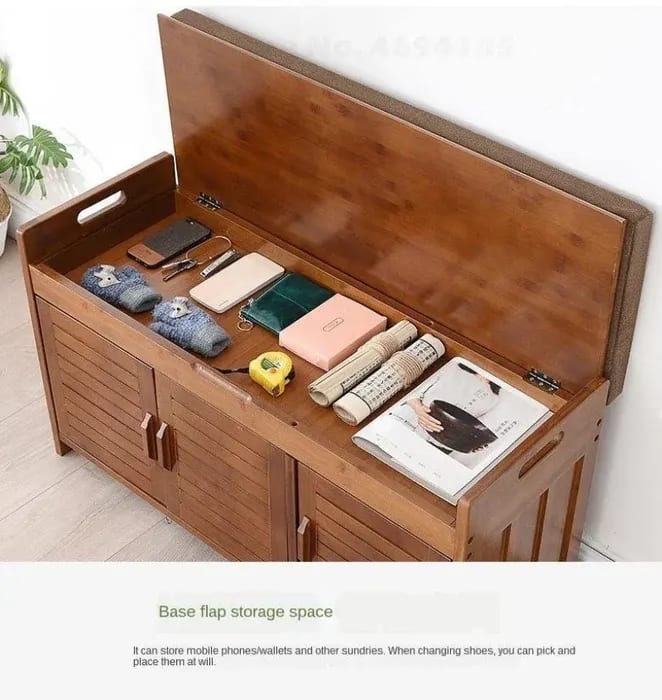 Bamboo Wood 3 Door Shoe Rack Cabinet with Seat, view 4