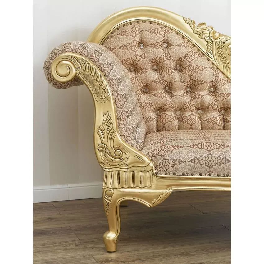 Baroque Style Hand Carved Button Tufted Teak Wood 3-Seater Chaise Longue Gold Leaf Damask Fabric, view 3