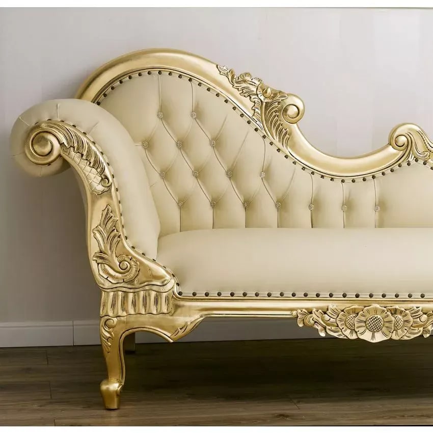 Baroque Style Hand Carved Button Tufted Teak Wood 3-Seater Chaise Longue ( Golden & Beige ), view 3