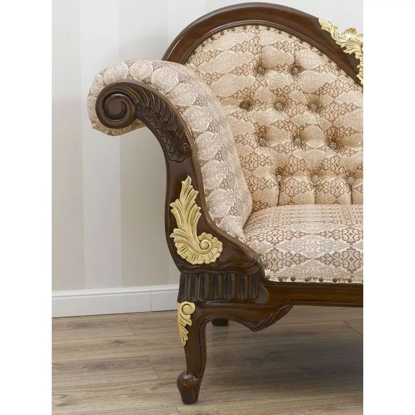 Baroque Style Hand Carved Button Tufted Teak Wood 3-Seater Chaise Longue Walnut and Gold Leaf, view 4