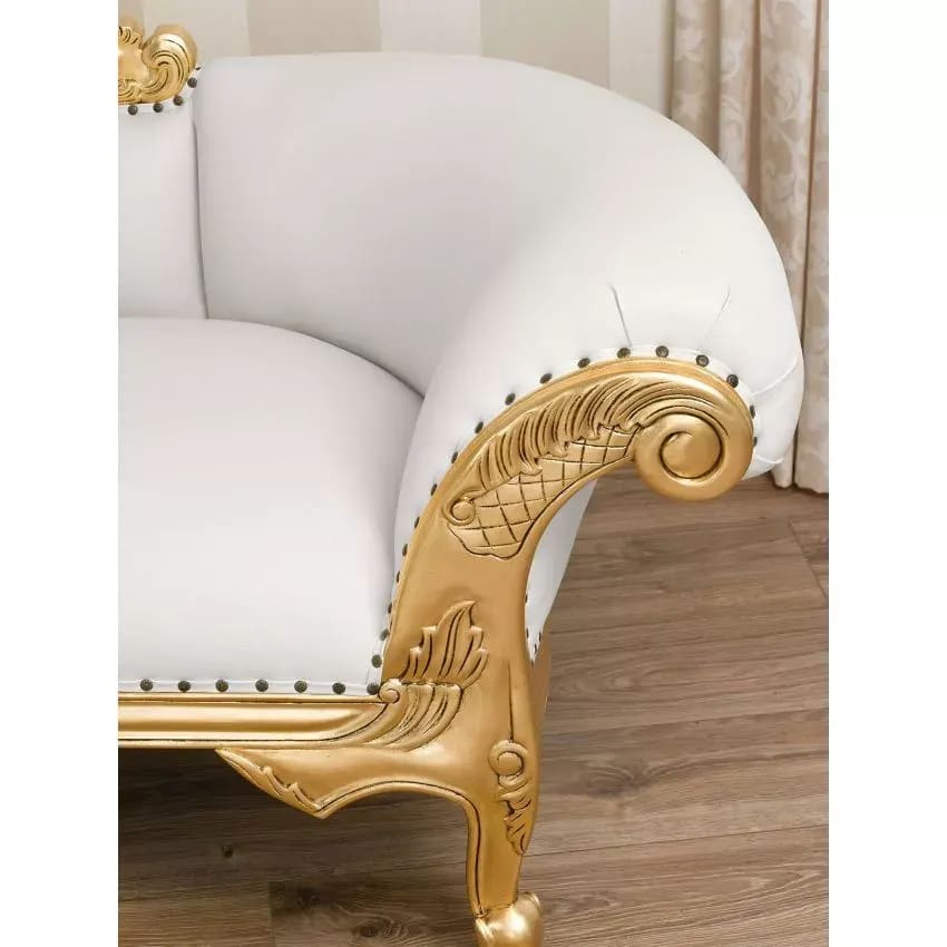 Baroque Style Hand Carved Button Tufted Teak Wood 3-Seater Chaise Longue ( White & Golden), view 2