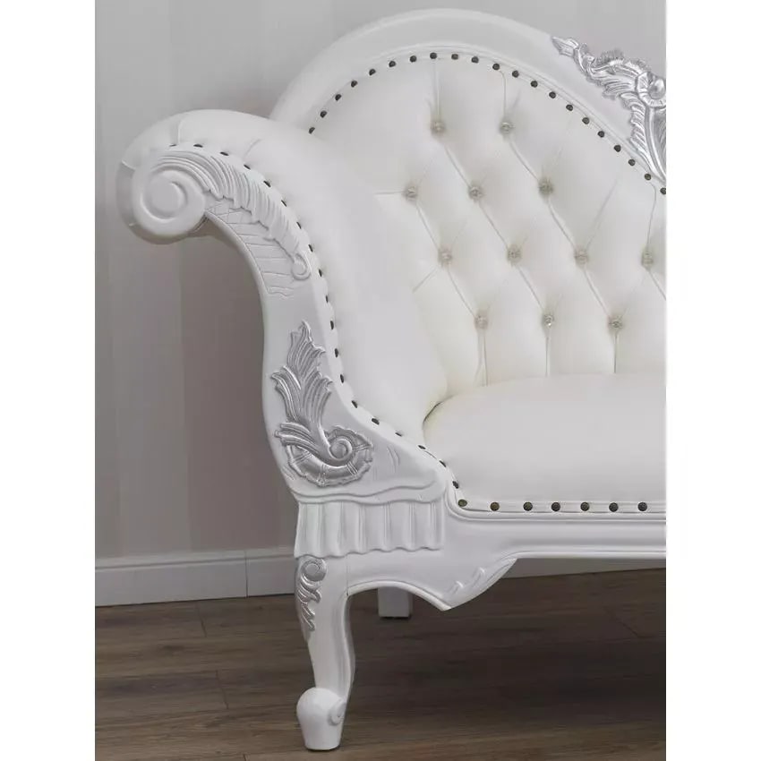 Baroque Style Hand Carved Button Tufted Teak Wood 3-Seater Chaise Longue ( White & Silver ), view 3